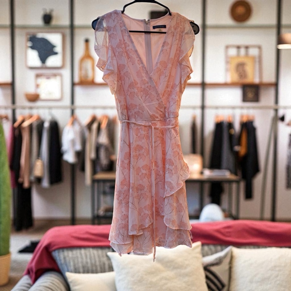 Tommy Hilfiger Nantucket Blossom faux-wrap dress in a peach floral pattern